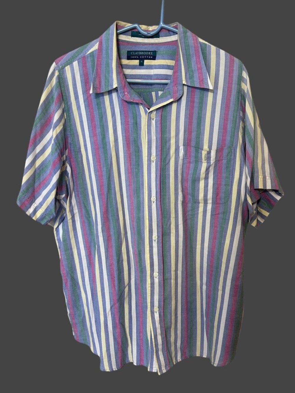 Vintage 90s Claybrooke Multicolor Striped Button Up Shirt Short Sleeve Cotton